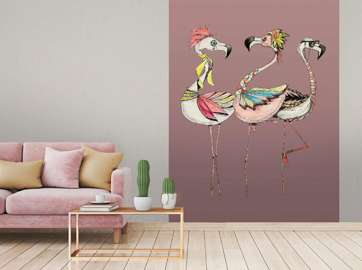 Papier peint panoramique original humouristique flamants roses Les Flams'Rock | Mise en situation