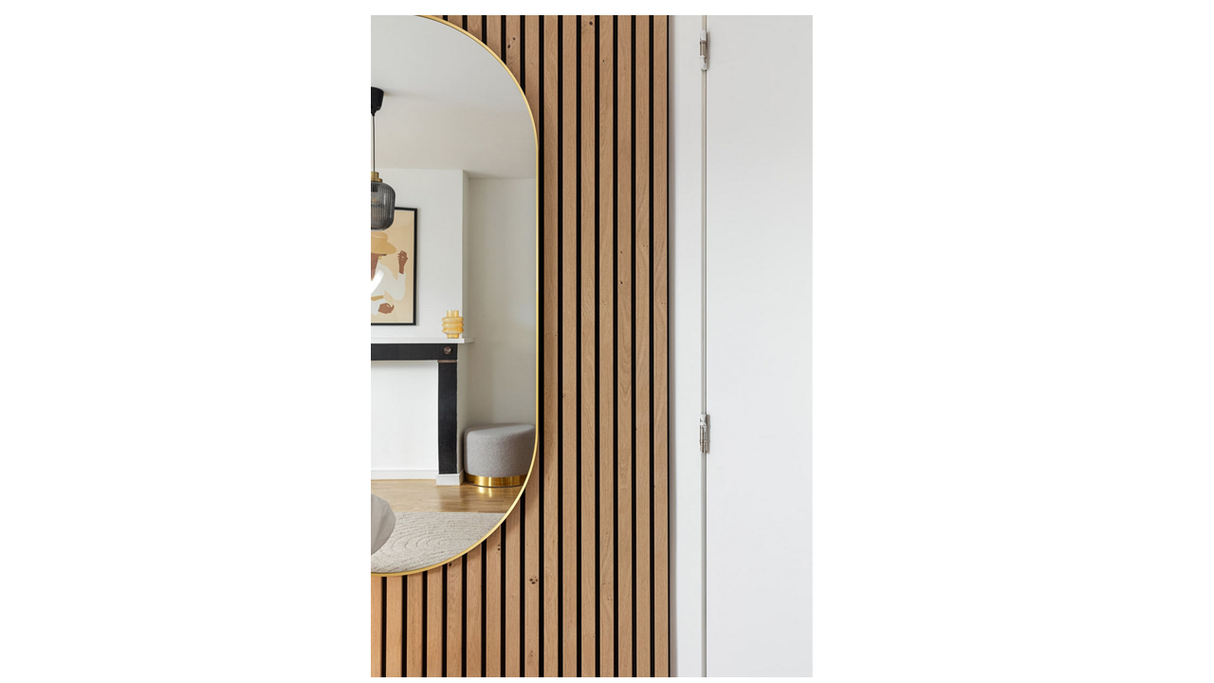 Panneau mural bois naturel et fond noir type tasseaux Maestro Pepper oak black | Mise en situation