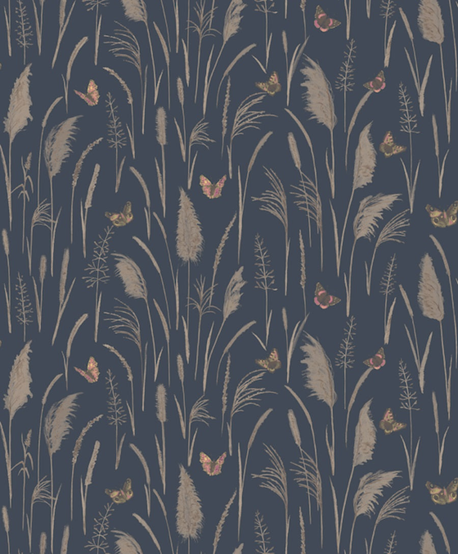 Papier peint panoramique nature floral et papillon fond bleu Myrtil | Mise en situation