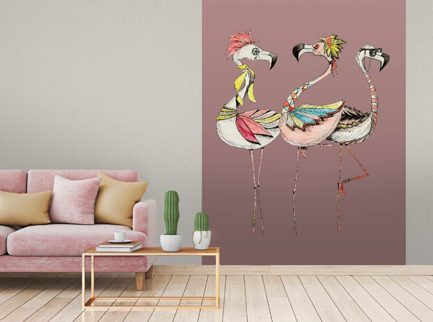 Papier peint panoramique original humouristique flamants roses Les Flams'Rock