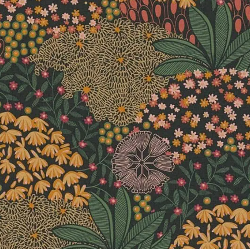 Papier peint dessin japonais fleuri et coloré Ikigai