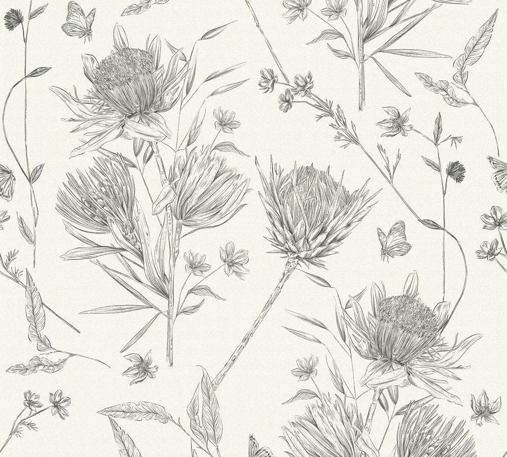 Papier peint dessin floral et papillon Champêtre beige (Collection Empreinte)