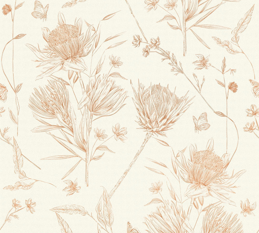 Papier peint dessin floral et papillon Champêtre sépia (Collection Empreinte)