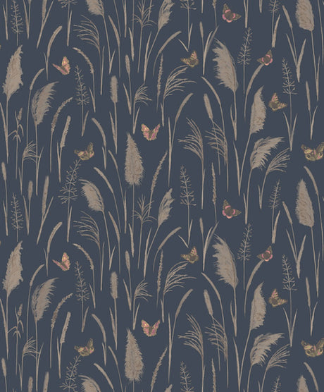 Papier peint panoramique nature floral et papillon fond bleu Myrtil | Mise en situation