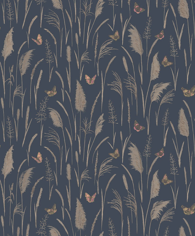 Papier peint panoramique nature floral et papillon fond bleu Myrtil | Mise en situation