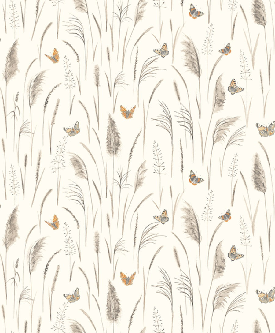 Papier peint panoramique nature floral et papillon fond beige Myrtil (Collection Empreinte)