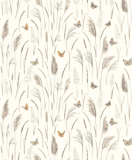 Papier peint panoramique nature floral et papillon fond beige Myrtil | Mise en situation