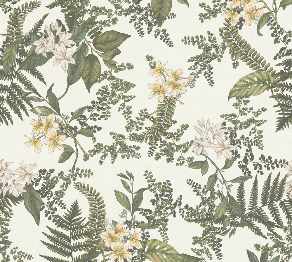Papier peint floral et frais fond blanc cassé Senteur des prés (Collection Empreinte)